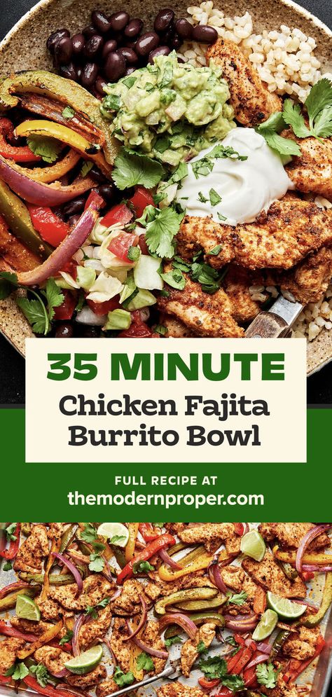 These fajita burrito bowls are ideal for meal prepping!! Taking cues from Chipotle’s burrito bowl, we like to pile everything up high making for one delicious prep ahead meal! Chicken Fajita Burrito, Fajita Burrito, Bowl Meal Prep, Healthy Burrito Bowl, Fajita Bowl, Chicken Fajita Bowl, Vegetarian Bowls, The Modern Proper, Modern Proper