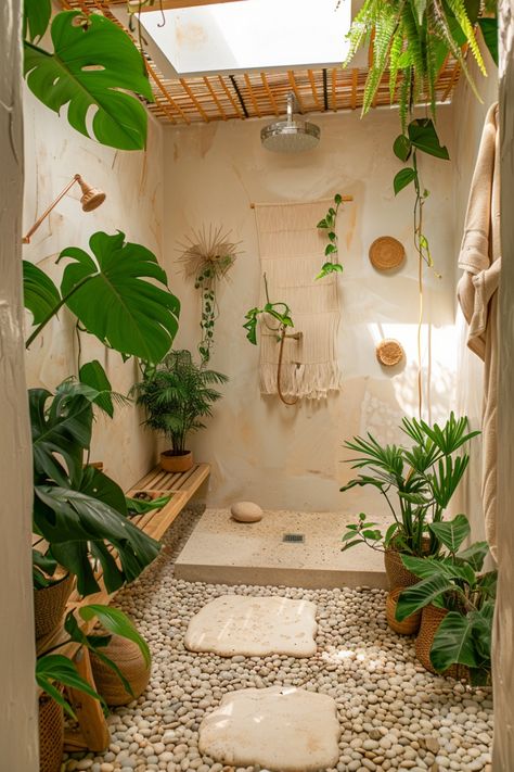 Boho bathroom decor combines vibrant colors, unique patterns, and organic textures for an effortlessly chic look. Click for more ideas. Boho Shower Ideas, Boho Modern Bathroom, Boho Bathrooms, Boho Spa, Indian Bathroom Ideas, Earthy Bathroom Decor, Neutral Bathroom Ideas Earth Tones, Rustic Boho Bathroom, Earthy Bathroom Ideas