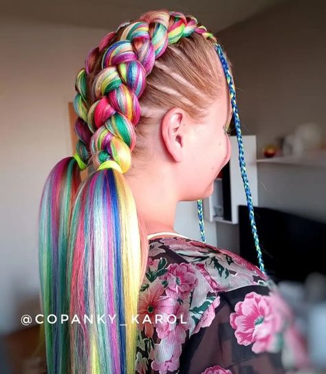 Mica Outfit, Rainbow Dutch Braids, Rainbow Braiding Hair, Rainbow Braids For Kids, Pride Braids, Unicorn Braids Black Women, Rainbow Hair Ponytail, Ombre Braids Black Women, Rainbow Ponytail