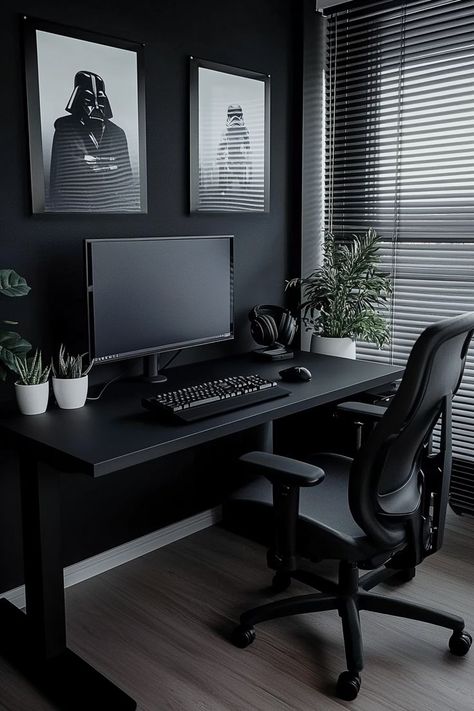 All Black Home Office, Office Ideas Black, Dark Office Aesthetic, Dark Office, Black And White Office, Black Home Office, Sleek Desk, Office Decor Ideas, Warm Color Schemes