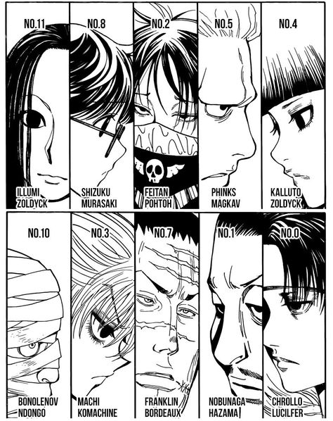 My babies // Phantom Troupe Chrollo Lucilfer Hunter X Hunter Spider Troupe, Hxh Manga Panels Phantom Troupe, Phantom Troupe Manga Panel, Hunter X Hunter Phantom Troupe Tattoo, Spiders Hunter X Hunter, Hxh Feitan Spider Tattoo, Phantom Troupe Numbers, Spider Troupe Tattoo, Hxh Phantom Troupe Tattoo