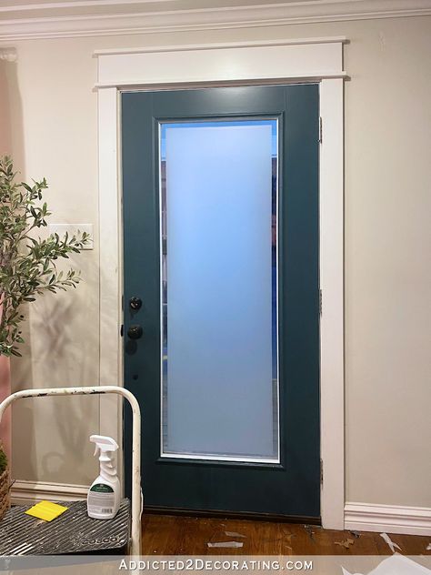 DIY Frosted Front Door With House Numbers Frosted Glass Front Door Ideas, Frosting Glass Doors, Front Door With Frosted Glass Window, Glass Door Front Entry, Front Door Frosted Glass Design, Frosted Front Door, Frosted Glass Front Door, Full Glass Front Door, Glass Front Door Privacy