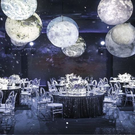 Moon And Stars Prom Theme, Universe Decoration Party, Space Theme Bridal Shower Ideas, Celestial Wedding Decor Starry Nights, Space Themed Wedding Reception, Space Theme Quinceanera, Moon Themed Restaurant, Star And Moon Quinceanera Theme, Outer Space Wedding Theme