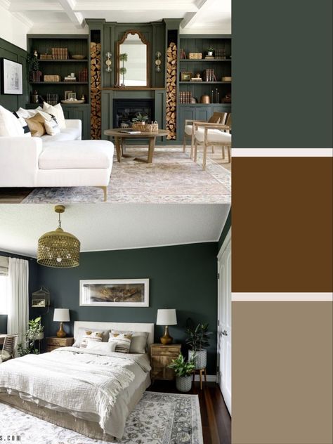 Green And Brown Themed Bedroom, Dark Brown Bedroom Color Schemes, Green And Brown House Interior, Green And Brown Room Master Bedrooms, Green And Brown Bedroom Walls, Color Schemes With Dark Brown, Green Brown Home Decor, Green Brown House Decor, Green Brown Cream Bedroom