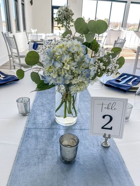 Blue Hydrangea Centerpieces, Hydrangea Centerpiece Wedding, Eucalyptus Centerpiece, Centerpiece For Wedding, Blue Flower Arrangements, Blue Hydrangea Wedding, Blue Centerpieces, Hydrangea Centerpiece, Dollar Eucalyptus