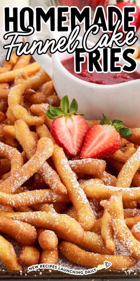 Easy Fried Dessert Recipes, Diy Funnel Cake Recipe, Batter Dipped Fries, Funnel Fries Recipe Easy, Easy Funnel Cake Bites, Funnel Cake Batter Recipe, Funnel Cake Mix Recipe, How To Make Funnel Cake Fries, Funnel Cake Sticks Recipe