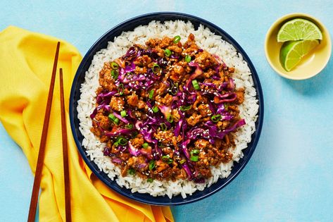 Moo Shu Pork Bowls Recipe | HelloFresh Ground Pork Rice Bowl, Moo Shu Shrimp, Pork Bowl Recipe, Pork Bowls, Pork Bowl, Beef Bowl Recipe, Moo Shu Pork, Buttery Rice, Bowl Lunch