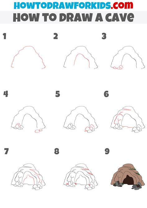 how to draw a cave step by step Cave Art Projects For Kids, How To Draw A Cave, Cave Drawing Easy, How To Draw A Rock, Rock Drawing Tutorial, Cave Drawing Illustration, Drawings Easy Halloween, Drawing Cave, Cave Sketch