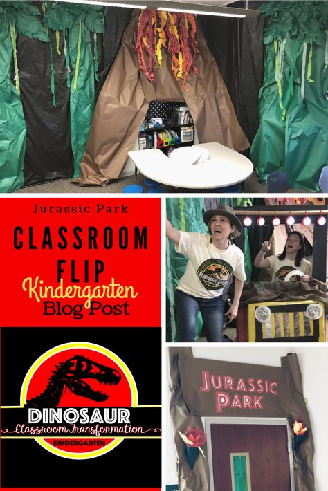 This is a blog post about a Jurassic Park Classroom Transformation in a Kindergarten class.  It gives examples of how to transform your class to study dinosaurs. It also shows the 6 missions students perform to escape the classroom (Jurassic Park) #kindergarten #jurassicpark #fliptheclassroom #escapetheclassroom #classroomtransformation #dinosaurs #dinosauractivities Jumanji Classroom Transformation, Jurassic Park Dramatic Play, Jurassic Park School Theme, Cave Classroom Transformation, Prehistoric Classroom Theme, Dinosaur Classroom Ideas, Classroom Transformation Ideas Kindergarten, Dinosaur Escape Room, Class Transformation Ideas