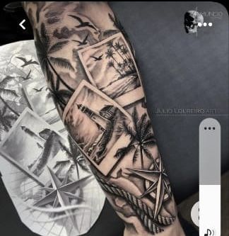 Men Tattoo Ideas Cover Up, Travel Tattoo Sleeve Adventure, Sunset Half Sleeve Tattoo, Half Leg Sleeves For Men, Florida Sleeve Tattoos For Guys, Hawaii Landscape Tattoo, Beach Tattoo Half Sleeve, Florida Leg Sleeve Tattoo, Travel Leg Tattoo