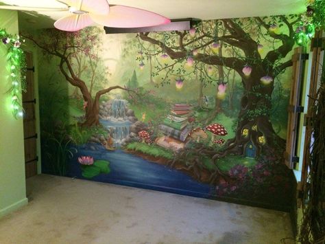 Enchanted forest bedroom mural during the day. #HannonArtWorks Enchanted Forest Mural Kids Rooms, Bedroom Forest Mural, Fairy Garden Mural, Enchanted Forest Nursery Girl, Enchanted Forest Bedroom Ideas, Forest Bedroom Ideas, Woodland Theme Bedroom, Enchanted Forest Bedroom, Fairy Mural