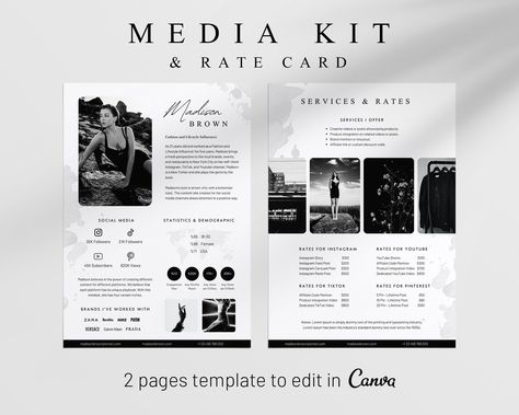 This media kit is essential for influencers, bloggers, and entrepreneurs looking to elevate their brand.  Our 2-Page Influencer Media Kit & Rate Card provides a professional and visually appealing template to showcase your brand effectively.  

You don't need any design experience to customize this kit. It's designed exclusively on Canva, allowing you to edit and export your media kit quickly and easily.

The package includes:
* 1 PDF file with a link to access the templates
* 2 Pages of Media Kit & Rate Card - Light - A4 (21 x 29.7 cm)
* 2 Pages of Media Kit & Rate Card - Light - US Letter Size (8.5 x 11 in)
* 2 Pages of Media Kit & Rate Card - Dark - A4 (21 x 29.7 cm) 


.#CanvaTemplates #SocialMediaDesign #InstagramIdeas #PinterestTemplates #CreativeCanva Rate Card Design, Media Kit Design, Instagram Rates, Influencer Media Kit, Rate Card, Social Media Statistics, Canva Template Instagram, Write An Email, Media Kit Template