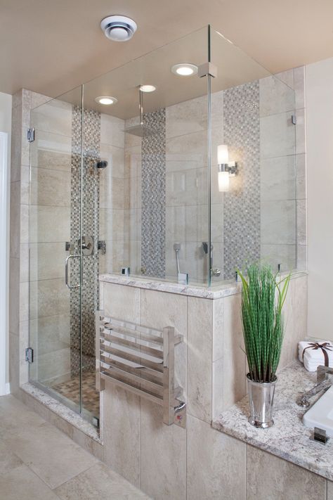 Shower With Pony Wall And Bench, High End Showers Master Bath, Modern Pony Wall, Shower Pony Wall Ideas, Shower Threshold Ideas, Full Tiled Bathroom Walls, Spa Master Bath Ideas, Shower Pony Wall, Wall Shower Ideas