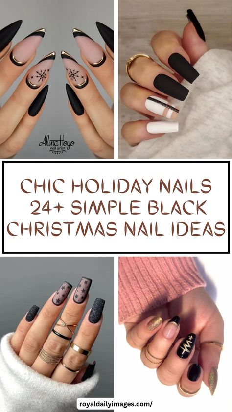 Simple Black Christmas Nail Ideas Matte Black Holiday Nails, Christmas Nails Gold And Black, Dark Christmas Nail Ideas, Black December Nails, Matte Black Christmas Nails, Black And Red Nails Christmas, Black And Gold Holiday Nails, Nail Art Designs For Christmas, Dark Festive Nails