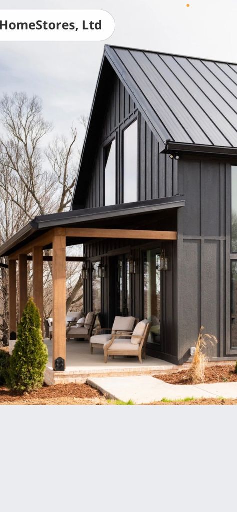 Black House With Cedar Accents, Dark Exterior Paint Colors, Black Farmhouse Exterior, Dark Exterior House Colors, Metal Siding House, Dark Exterior House, Charcoal House, Black Metal Roof, Barn Style House Plans