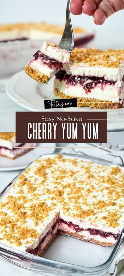 Quick & Easy No-Bake Cherry Yum Yum - Tastilly No Bake Deserts Christmas, Lasagna Cake Recipe, No Bake Cherry Yum Yum, Cherry Yum Yum Recipe With Dream Whip, Cherry Yum Yum Recipe With Cool Whip, Cherry Delight Dessert 9x13, No Bake Cherry Dessert, Cherry Yum Yum Recipe Easy, Cherry Yumyum