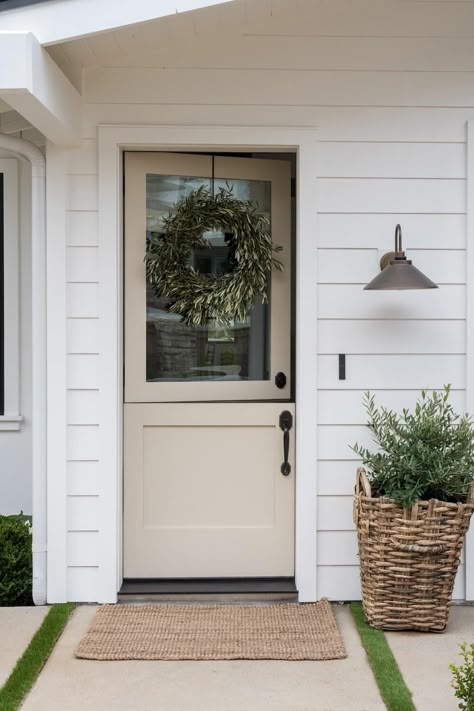 Tan Front Door White House, Front Door On Side Of House Entrance, Bedroom With Exterior Door, Modern Cottage Backyard, Cottage Style Home Exterior, Front Exterior House, Tan Front Door, Beach House Landscape, House Landscape Design