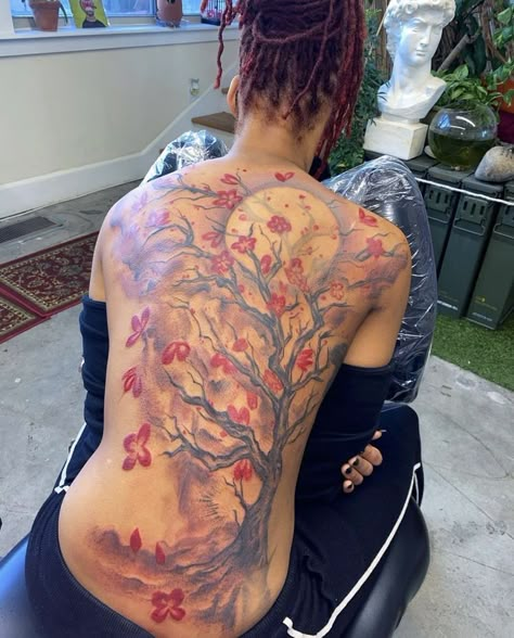 Back Tattoos With Flowers, Full Back Tree Tattoo, Cherry Blossom Back Tattoo, Female Tats, Back Tattoo Women Full, Back Tattoo For Women, Full Neck Tattoos, Blossom Tree Tattoo, Backpiece Tattoo