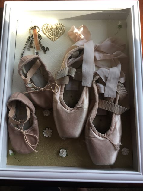 Ballet shadow box display Shadow Box Pointe Shoes, Ballet Shoes Shadow Box Ideas, Ballet Shoes Decoration Ideas, Pointe Shoes Shadow Box Ideas, Ballet Shoe Display, Ballet Shadow Box Ideas, Pointe Shoe Shadow Box Ideas, Dance Shadow Box Ideas, Pointe Shoe Display