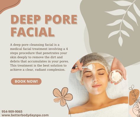 Our deep pore cleansing facial is a facial designed for people with acne or extremely oily skin. It works by opening the pores and giving the esthetician greater access to the problems within. Book today by giving us a call at 954-909-9065! #deeppore #facial #spa #fortlauderdale Facial Offers Ideas, Esthetician Specials, Facial Promotion Ideas, How To Prepare For Your Facial Appointment, Facial Promotion, Facial Contraindications, Facial Add On Services, People With Acne, Salon Advertisement