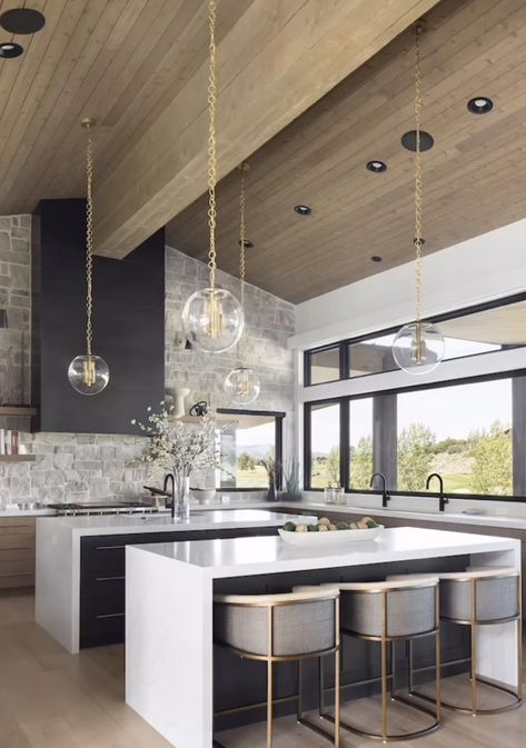 Dream Cottage Interior, Organic Modern Kitchen, Stone Backsplash Kitchen, Modern Black Kitchen, Double Islands, Dream Kitchens Design, Black Kitchen Cabinets, Cabinet Color, Black Hood