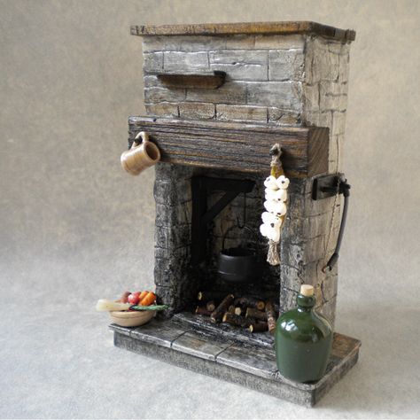 Handmade Fireplace, Medieval Cottage, Small Wooden Shelf, House Fireplace, Medieval House, Cottage Rustic, Fairy House Crafts, Witch Cottage, Haunted Dollhouse