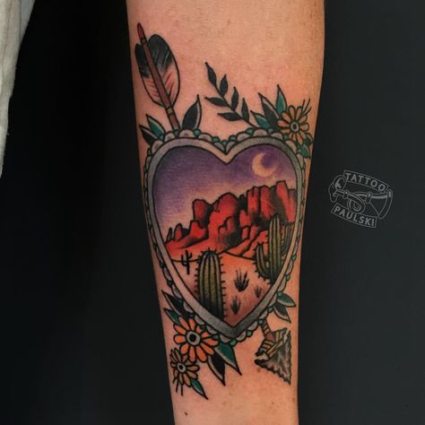 525 Likes, 17 Comments - Tattoo Paulski (@tattoopaulski) on Instagram: “Superstition mountain  #aztattoo #aztattooer #arizonatattoo #goldenruletattoocamelback #azlove” Cowboy Boot Tattoo, Desert Tattoo, 27 Tattoo, Arizona Tattoo, Cowgirl Tattoos, Cactus Tattoo, Western Tattoos, Landscape Tattoo, Theme Tattoo