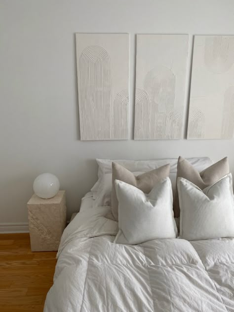 White Canvas Above Bed, Plaster Wall Art Above Bed, Texture Art Above Bed, Plaster Art Above Bed, Above Bed Wall Decor Minimalist, Textured Canvas Art Bedroom, Bedroom Wall Decor Above Bed Aesthetic, Wall Above Bed Ideas, Bedroom Wall Ideas Above Bed