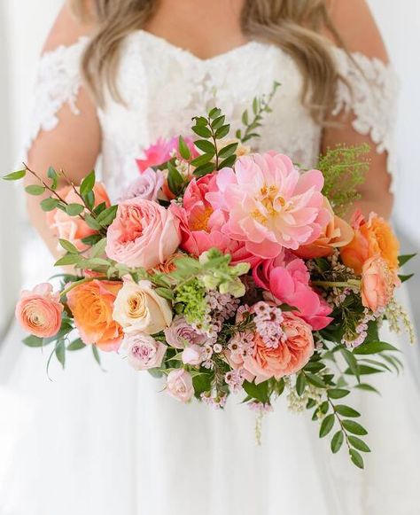 Pink And Orange Bouquet Wedding, Pink And Orange Flowers Wedding, Pink Green Wedding Flowers, Pink And Orange Wedding Bouquet, Pink And Orange Wedding Flowers Centerpieces, Light Pink And Orange Wedding Flowers, Pink And Orange Wedding Flowers, Pink Orange Green Wedding Flowers, White Peony Bridesmaid Bouquet