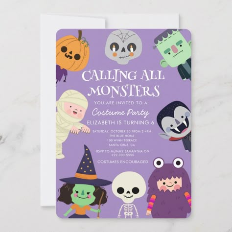 Cute Spooktacular Costume Kids Halloween Birthday Party Invitation Cute halloween costume party invitation template card featuring illustration of kids in costumes (bat, ghost, and vampire,mummy,monster). The text above says "Join us if you dare for a Spooktacular Halloween Party. Halloween Theme Kids Birthday Party, Fourth Birthday Halloween Theme, 5th Halloween Birthday Party, Halloween Themed 3rd Birthday Party, 5th Birthday Halloween Party, Halloween Birthday One Year Old, Monster Bday Party Ideas, Halloween Themed Birthday Party For Kids, Two Year Old Halloween Birthday Party