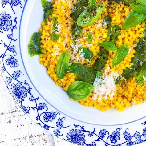 Saffron Couscous with Almond Pesto Saffron Couscous, Vegetarian Couscous, Pesto Basil, Microplane Zester, Megan Mitchell, Almond Pesto, Sauce Pot, Delish Recipes, Food Names