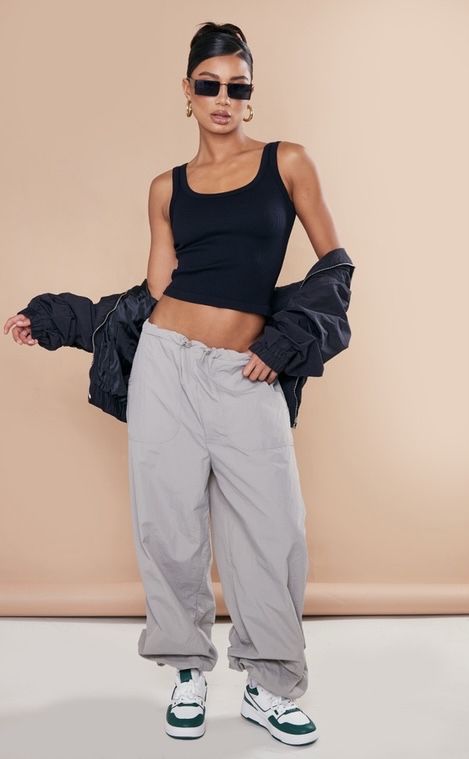 Grey Parachute Toggle Waist Stitch Cuffed Cargo'S | PrettyLittleThing USA #fashion #cargopantsoutfit #cargopants #cargo pants Cuffed Cargos, Women Cargo Pants Outfit, Shop Cargo Pants, Cargo Pants For Women, Lace Runner, Women Cargo Pants, Cargo Pants Outfit, Wide Leg Sweatpants, Ribbed Leggings