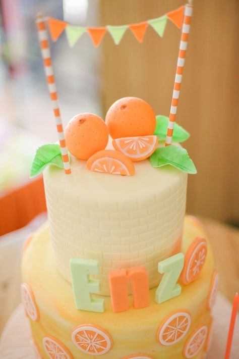 Enzo’s Orange Farm Themed Party – Cake Cake With Orange Decoration, Orange Theme Cake, Citrus Themed Party, Harvest Birthday Party, Tutti Fruity Party, Orange Birthday Cake, Orange Birthday Parties, Citrus Party, Lemon Birthday