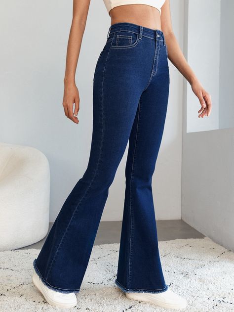 Casual High-waisted Denim Flare Jeans, Casual High-rise Washed Blue Flare Jeans, Cheap High Waist Washed Blue Flare Jeans, Dark Blue Flare Jeans, Non-stretch Medium Wash High-waisted Flare Jeans, Cheap High-rise Denim Blue Flare Jeans, Blue Flare Jeans, Jeans Outfit Women, Korean Fashion Dress