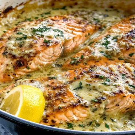 Discover how to make Baked Salmon with Lemon Butter Cream Sauce – a quick and flavorful dish ready in no time! Lemon Butter Cream Sauce, Baked Salmon With Lemon, Butter Cream Sauce, Baked Salmon Lemon, Salmon With Lemon, Cream Sauce Recipes, Lemon Butter, Salmon Fillets, Baked Salmon