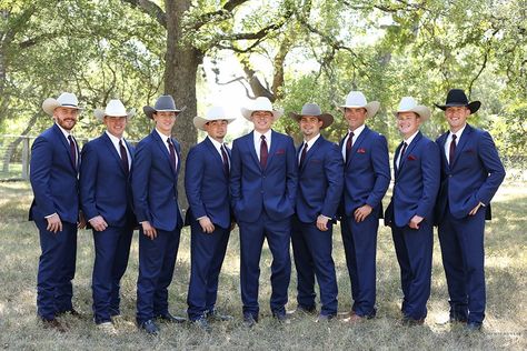 Savannah + Jon Paul - Real Wedding - Weddings in Houston Suit With Cowboy Boots, Cowboy Groomsmen, Western Wedding Groomsmen, Cowboy Wedding Attire, Wedding Tuxes, Country Wedding Groomsmen, Navy Blue Groomsmen, Cowboy Groom, Blue Groomsmen