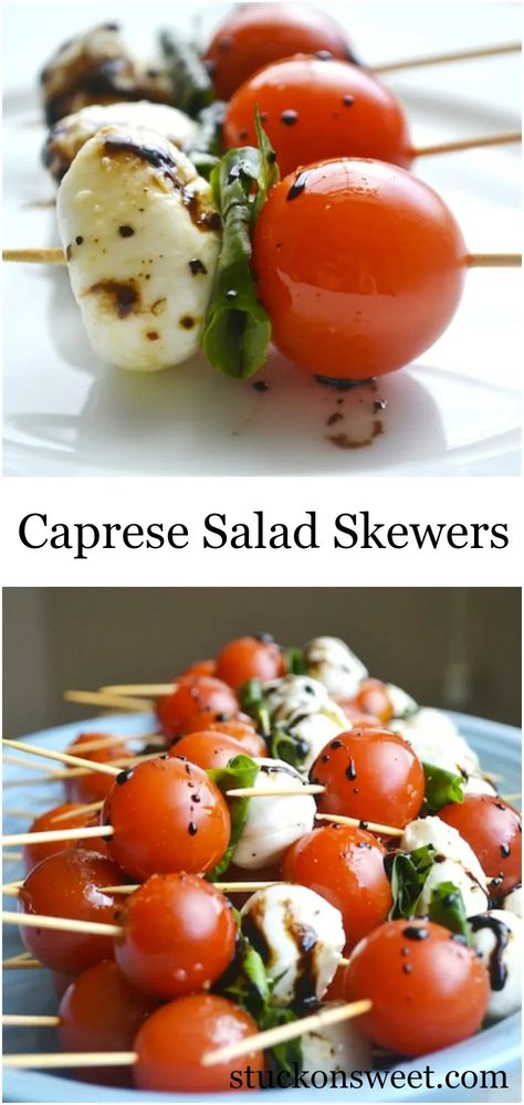 Caprese Salad Skewers are the best appetizer! #stuckonsweet #appetizers #caprese #recipe Brunch Ideas For A Crowd, Salad Caprese, Salad Skewers, Caprese Salad Skewers, Summer Appetizers Easy, Party Snacks Easy, Caprese Skewers, Fingerfood Party, Healthy Brunch