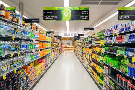 Super Market Shelf Design, Super Market Interior, Supermarket Aisle Signage, Supermarket Reference, Supermarket Shopping, Super Market Design Interior, Supermarket Signage Design, Grocery Aisle, Super Market Design