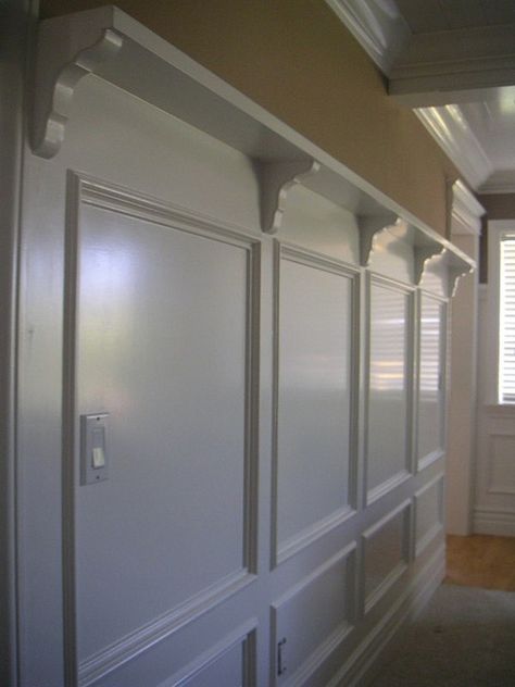 wall-panels-wainscoting-idea | Add kids framed pics with hooks just below and you have a nice bag wall. Just needs a bench with under storage baskets Crown Molding Shelf, Wainscoting Height, Wainscoting Hallway, Wainscoting Stairs, Wainscoting Kitchen, Faux Wainscoting, Wainscoting Ideas, Wainscoting Bedroom, Wainscoting Bathroom