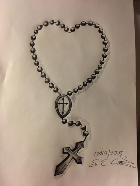 Small Things To Draw On Yourself, Cross Necklace Drawing, Rosary Drawings, Rosario Drawing, Rosary Sketch, Easy Cross Drawings, Chicana Drawings Easy, Rosery Drawings, Easy Chicano Art