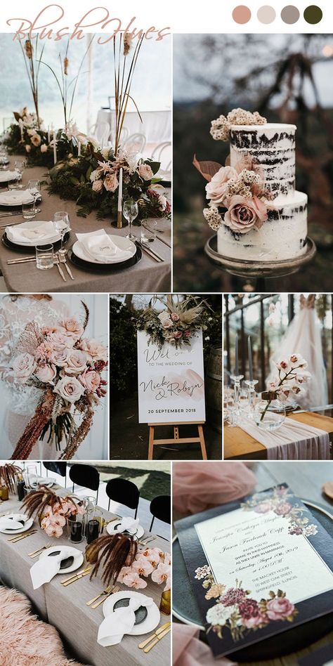 Natural Blush And Black Wedding, Facebook Wedding Event Page, Black Cream Blush Wedding, Black And Blush Wedding, Blush And Black Wedding, Pink Modern Wedding, Moody Style, Pink Wedding Colors, Wedding Color Ideas