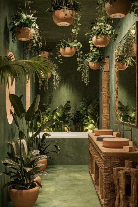 Design a calming jungle spa at home with lush greenery, hanging planters, and warm terracotta tones. Complement with soft lighting and natural wood details for a luxurious, nature-filled retreat. #JungleSpa #BathroomInspiration #EarthyTones #TerracottaVibes #GreenBathroom #NaturalDecor #SpaOasis #RusticElegance #RelaxingSpaces #LushLiving Green Earthy Bathroom, Earthy Salon, Jungle Spa, Jungle Bathroom, Earthy Bathroom, Spa Oasis, Spa At Home, Esthetician Room Decor, Esthetician Room