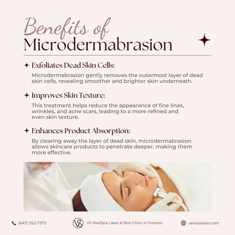 🌟 Benefits of Microdermabrasion 🌟  ✨ Exfoliate Away: Microdermabrasion gently removes dead skin cells, revealing a fresher, brighter complexion underneath.  ✨ Smooth Skin Texture: Say goodbye to fine lines, wrinkles, and acne scars! Microdermabrasion refines your skin’s texture, leaving it silky smooth.  ✨ Boost Product Absorption: Clear away the dull layer and allow your skincare products to work more effectively by penetrating deeper into your skin. Microdermabrasion Benefits, Microdermabrasion Facial, Skin Tightening Face, Flaking Skin, Smooth Skin Texture, Aesthetic Clinic, Skin Clinic, Skin Discoloration, Improve Skin Texture