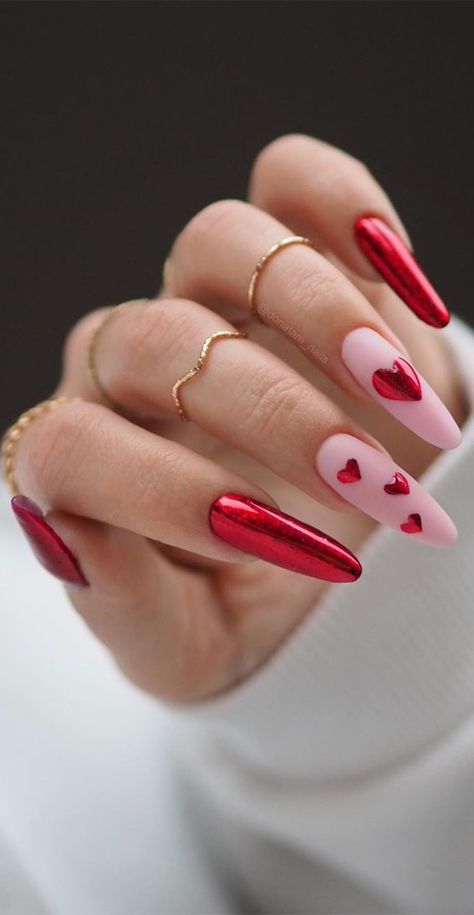 Valentine's Day Nail Art Collection : Sophisticated Red Almond Nails Couples Manicure, Nail Valentine, Nail Aesthetics, Red Almond, Matte Pink Nails, White Tips, May Nails, Valentine Nail Art, Tie Dye Nails