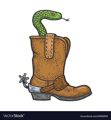 Boot Sketch, Snake In My Boot, Cowboy Hat Drawing, Canvas Painting Projects, Cd Design, Illustration T Shirt, Shoes Drawing, Drawing Process, Snake Tattoo