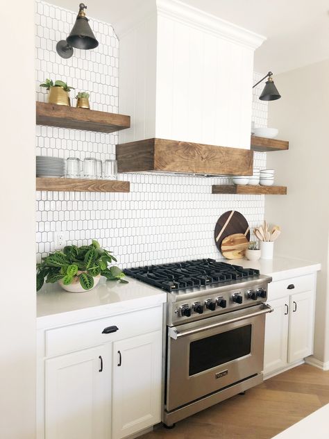 Range Hood With Shelves On Side, Floating Shelves Beside Range Hood, Kitchen Hood With Wood Trim, Large Kitchens, Range Cover, Kitchen Hood Design, One Wall Kitchen, Kitchen Floating Shelves, Ranch Kitchen