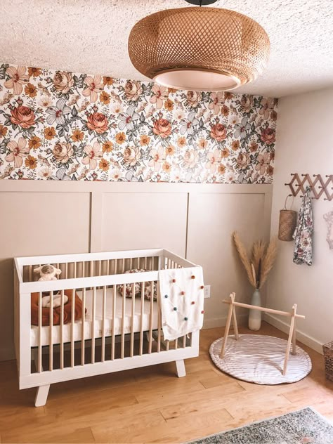 Floral Neutral Nursery, Boho Floral Nursery Decor, Boho Vintage Floral Nursery, Green And Floral Nursery, Neutral Flower Nursery, Girl Nursery Dark Furniture, Floral Accent Wall Nursery, Boho Eclectic Nursery, Accent Wall Baby Girl Nursery