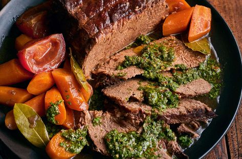 Pot-roast Topside Of Beef With Chimichurri Recipe | Waitrose & Partners Beef Topside Recipe, Topside Beef, Fresh Pasta Sauce, Chimichurri Recipe, Frozen Seafood, Cooking Ingredients, Pancakes And Waffles, Ready Meal, Food Trends