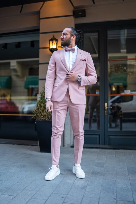 Elevate your style with Our Pink Panache Tuxedo, where boldness meets sophistication in every stitch. Make a statement that's as vibrant as your personality and as sharp as your look. Because confidence is your best accessory. For more Exciting and Premium Products follow the link in the bio #HolloMen #Shopnow #Mensfashion #Menstyle #PinkPanache #BoldElegance #MomentsOfDistinction #DareToBeDifferent Pink And Beige Outfit Men, Pink Tuxedo, Pink Plain, Slim Fit Tuxedo, Suit Material, Pink Suit, Tuxedo Suit, Tuxedo For Men, Peak Lapel