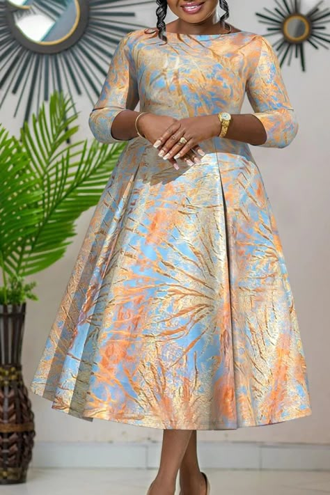 Plus Size Formal Champagne All Over Print Boat Neck 3/4 Sleeve Zipper With Pocket Midi Dresses » YKM Media Dresses Occasion, Modest Dresses Fashion, Shweshwe Dresses, Chic Dress Classy, Best African Dresses, Short African Dresses, African Wear Dresses, African Print Dress Designs, African Maxi Dresses